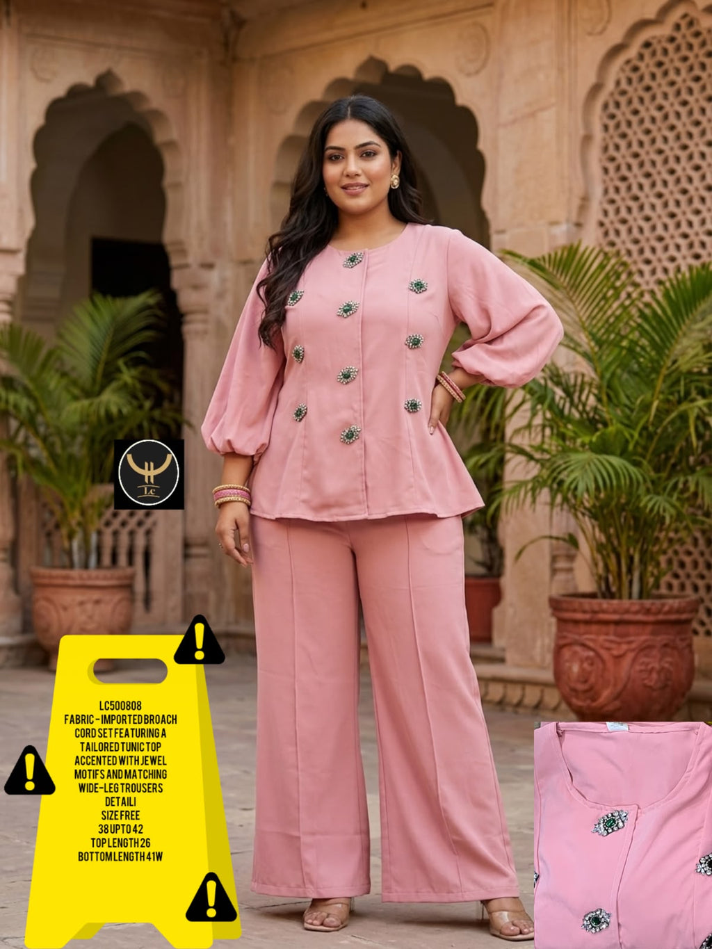 Tailored tunic top with premium jewel brooch/motifs paired with comfortable wide-leg trousers