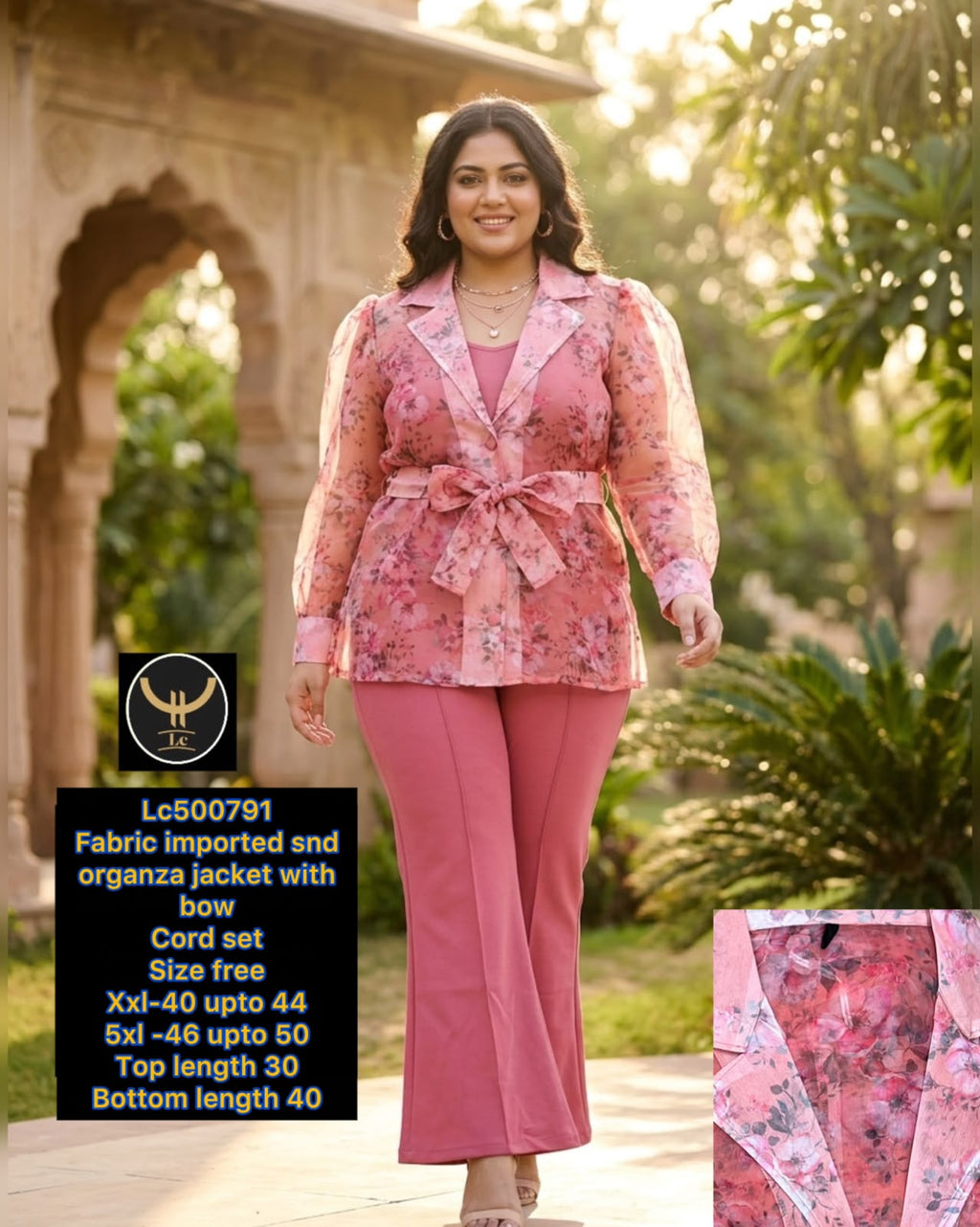 Gorgeous Imported Organza Floral Jacket Co-Ord Set with Bow Accent 