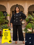 Tailored tunic top with premium jewel brooch/motifs paired with comfortable wide-leg trousers