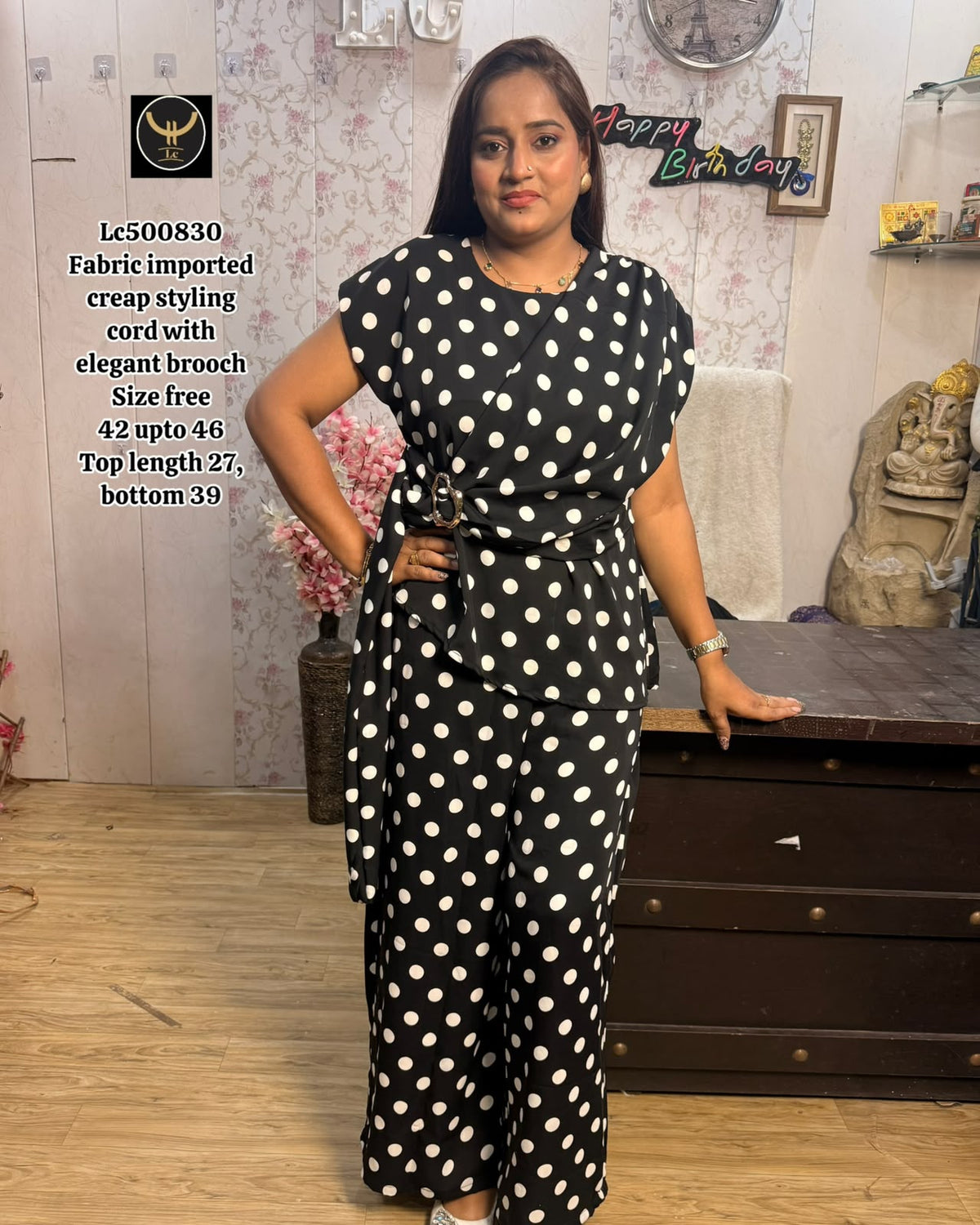 Polka Dot Imported Crepe Styling Co-Ord Set with Brooch 