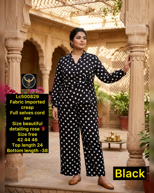 Chic Polka Dot Imported Crepe Co-Ord Set with Rose Detailing 