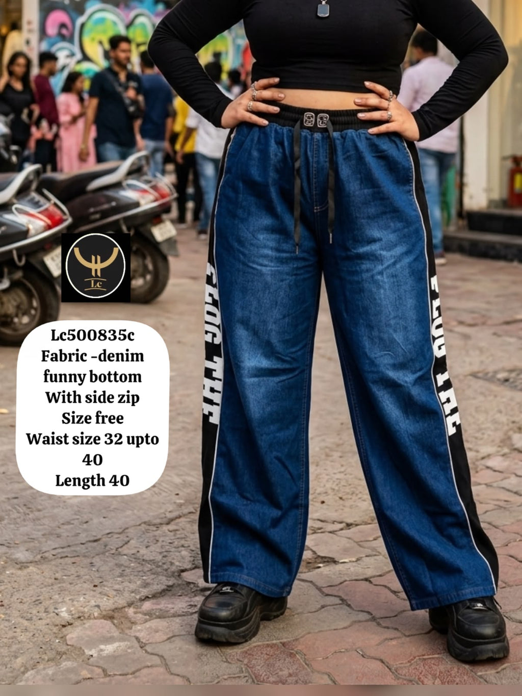 Trendy Denim Typography Side-Detail Cargo Bottoms 