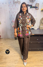 Pure comfort with elegant look! Premium Cotton Khadi co-ord set with beautiful multicolour floral embroidery