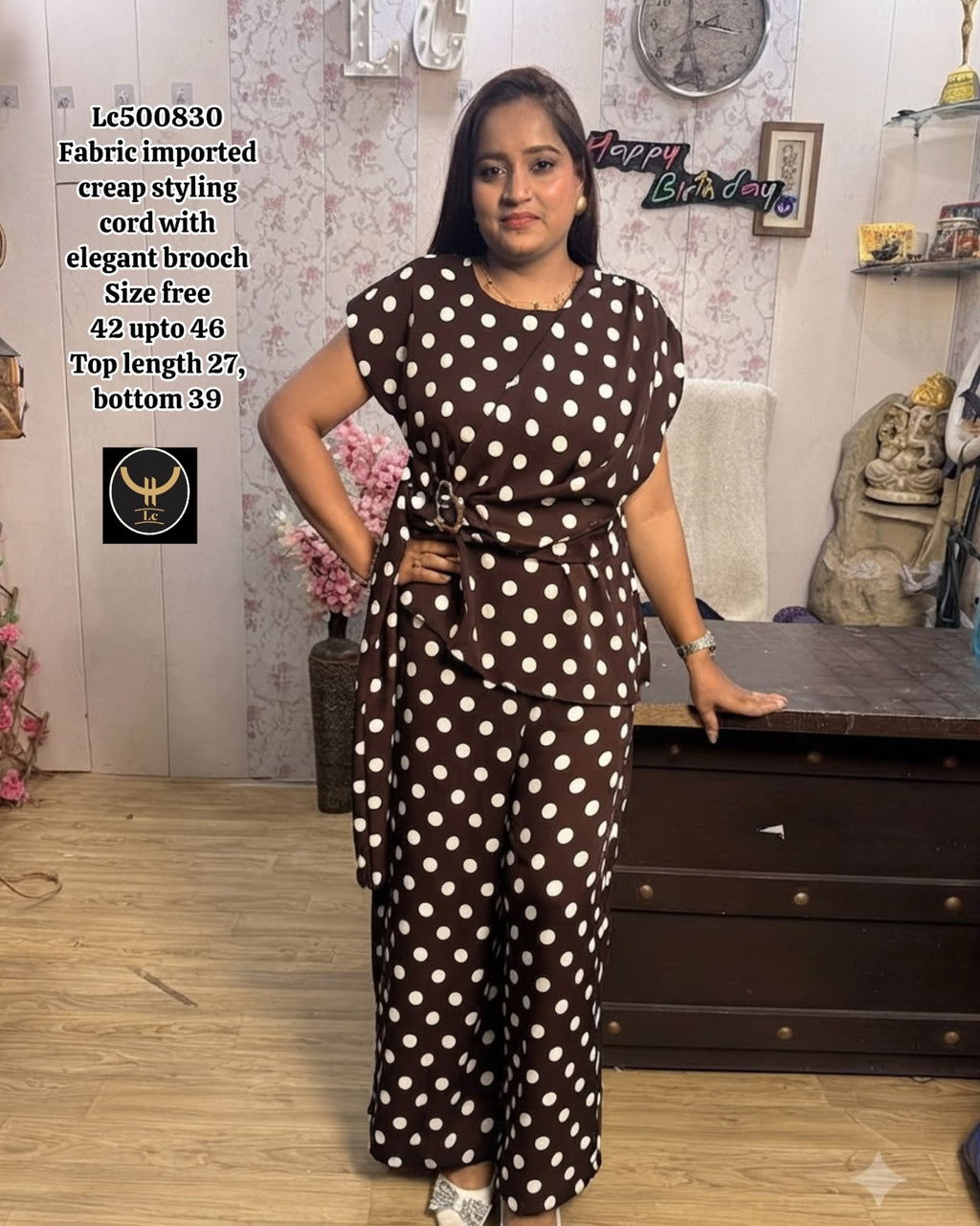 Polka Dot Imported Crepe Styling Co-Ord Set with Brooch 