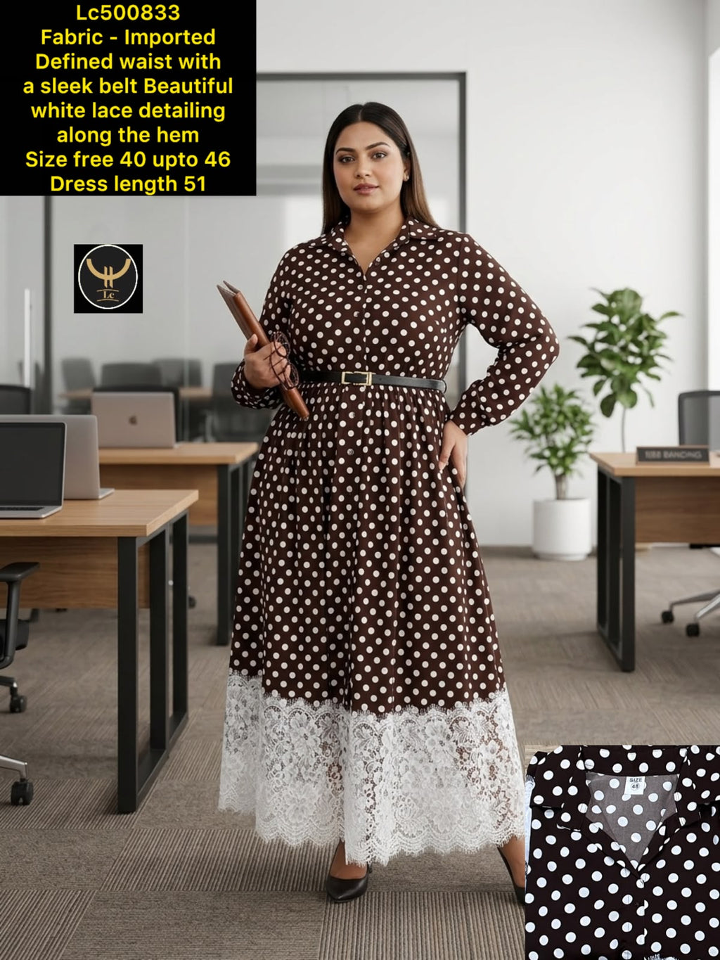 Polka Dot Lace-Detail Midi Dress