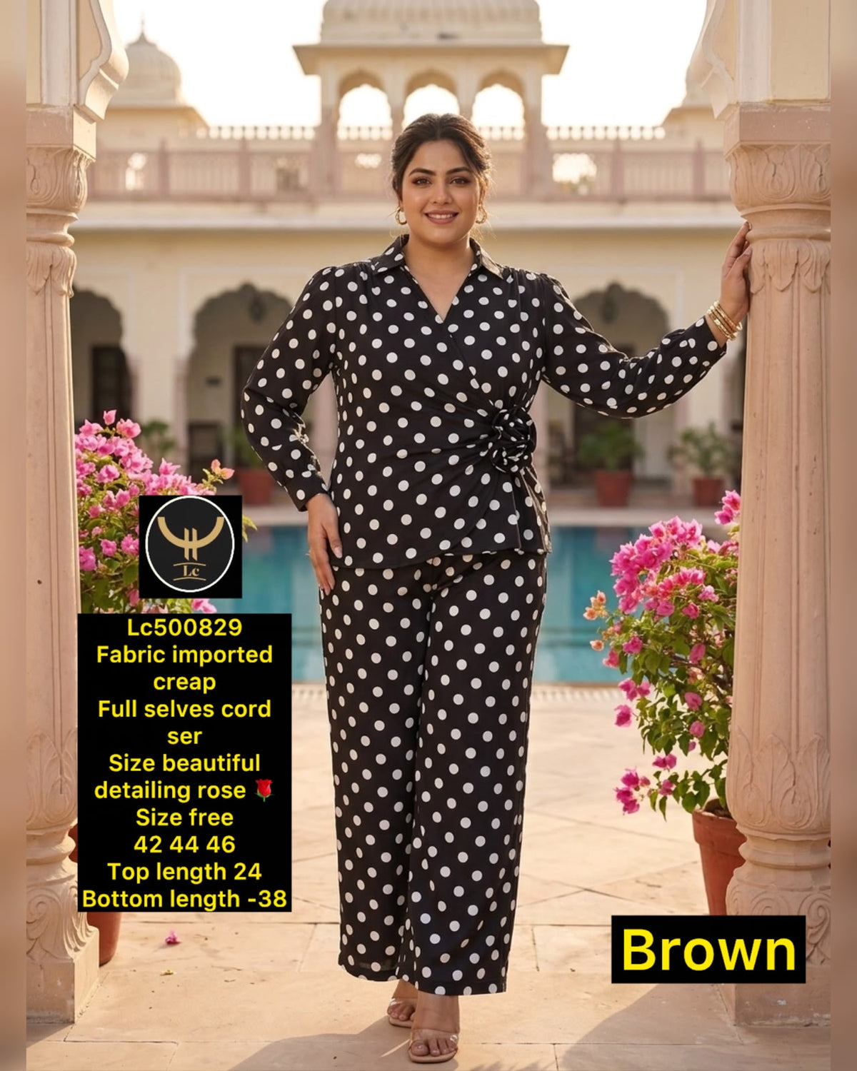Chic Polka Dot Imported Crepe Co-Ord Set with Rose Detailing 