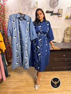 Chic Cotton Denim Embroidered Midi Dress 