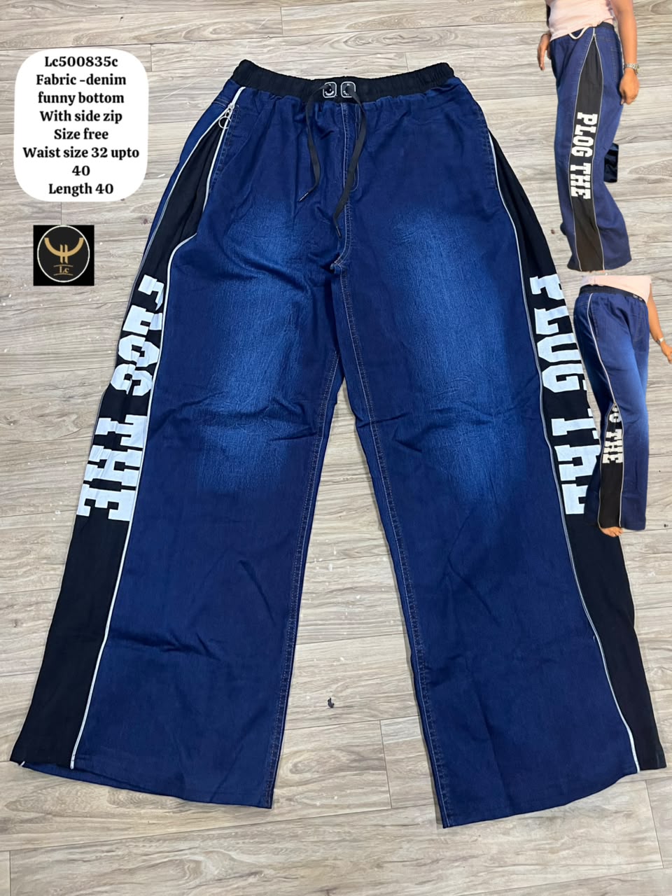 Trendy Denim Typography Side-Detail Cargo Bottoms 