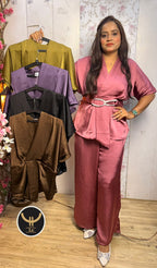 Luxurious Satin Silk 2-Piece Co-ord Set with Designer Belt