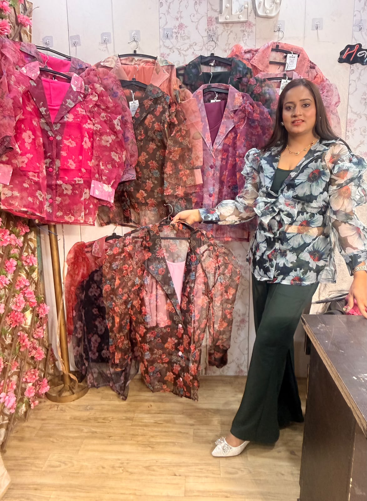 Gorgeous Imported Organza Floral Jacket Co-Ord Set with Bow Accent 