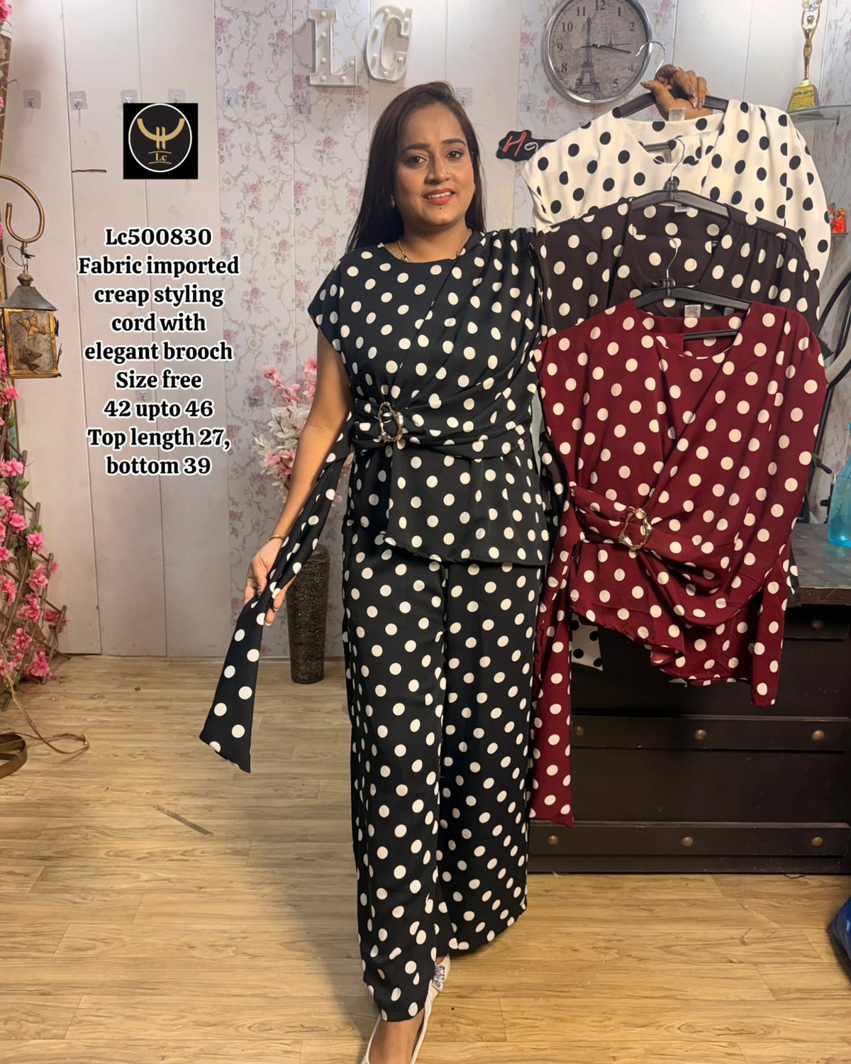 Polka Dot Imported Crepe Styling Co-Ord Set with Brooch 