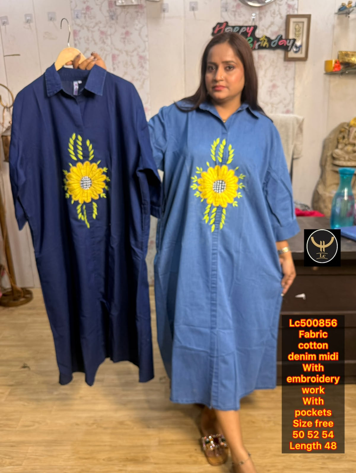 Chic Cotton Denim Embroidered Midi Dress with Pockets