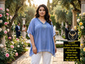 Women Sky Blue Kaftan Style Cotton Top with Embellished Neckline