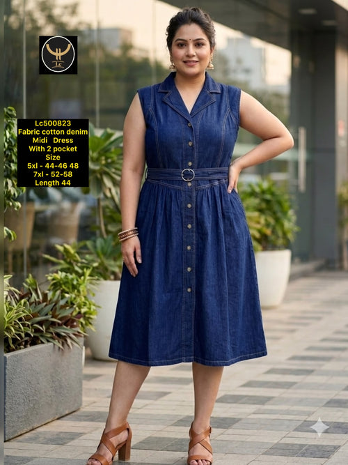 Classic Cotton Denim Sleeveless Midi Dress 