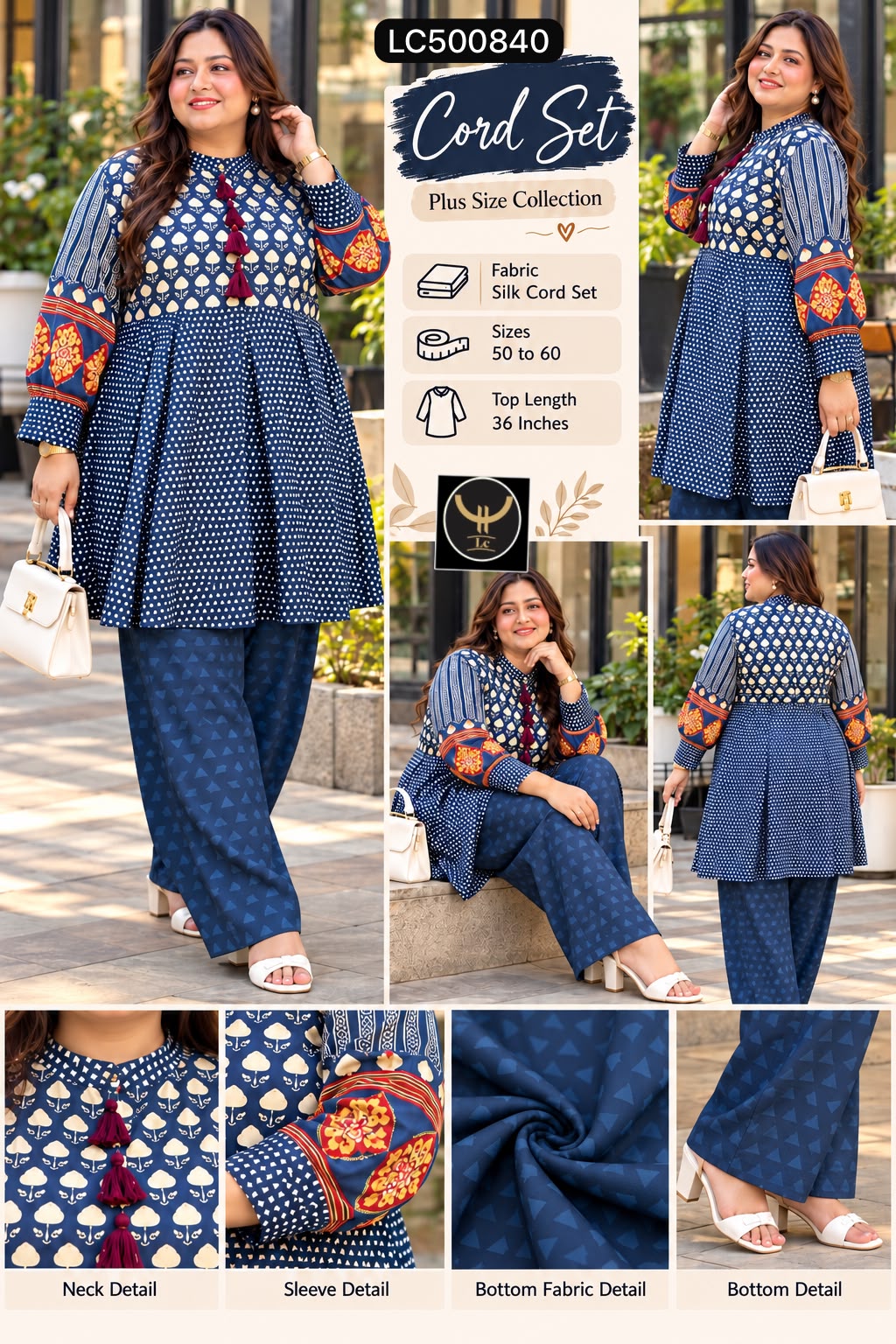 Plus Size Silk Printed Co-Ord Set with Tassels 