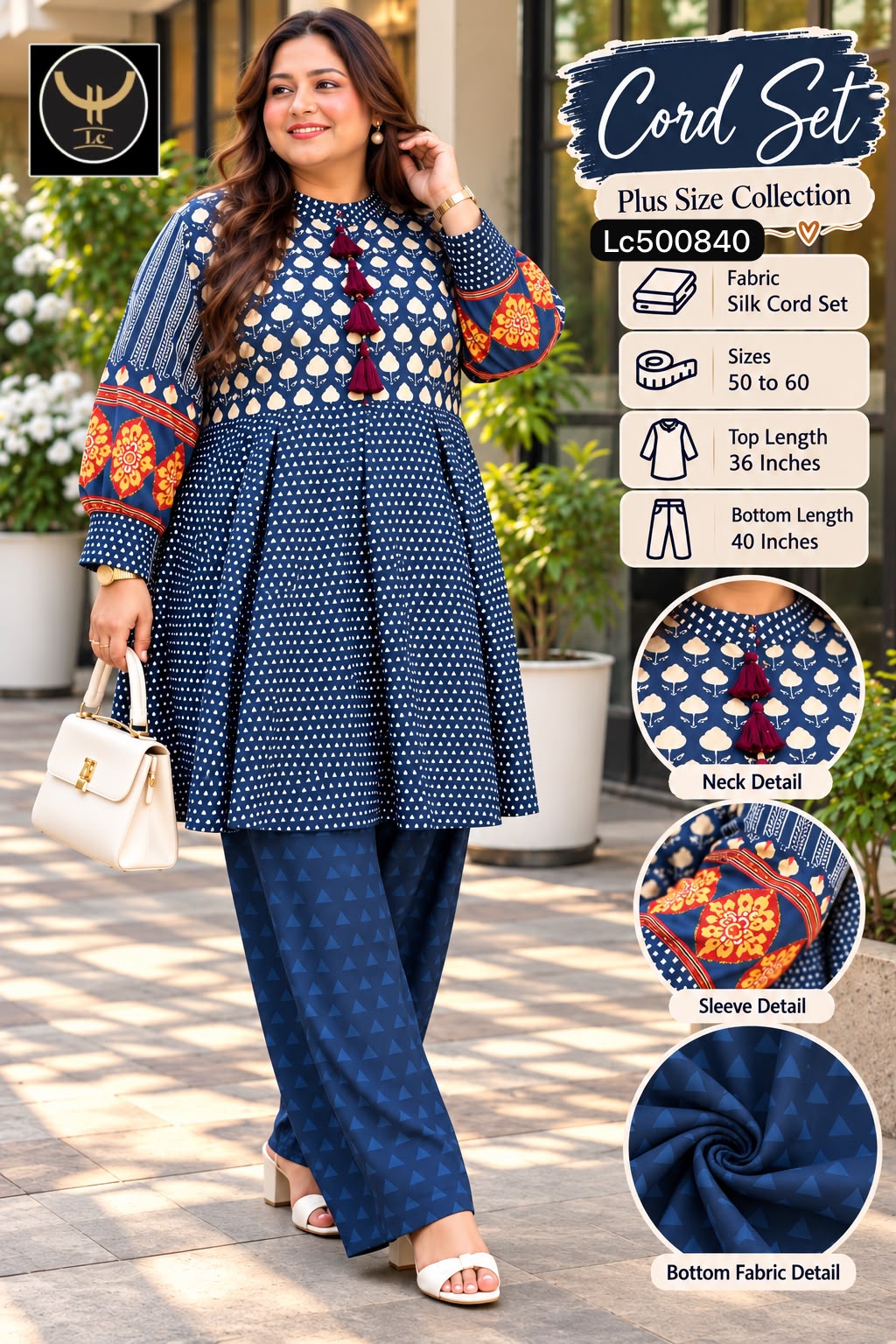 Plus Size Silk Printed Co-Ord Set with Tassels 