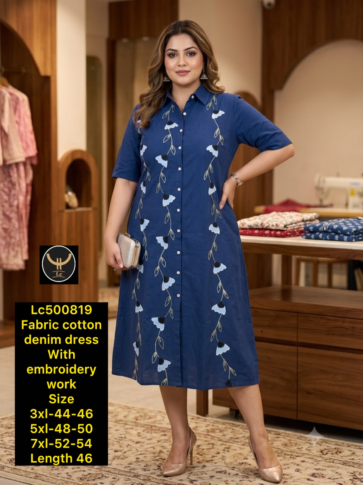 Chic Cotton Denim Embroidered Midi Dress 