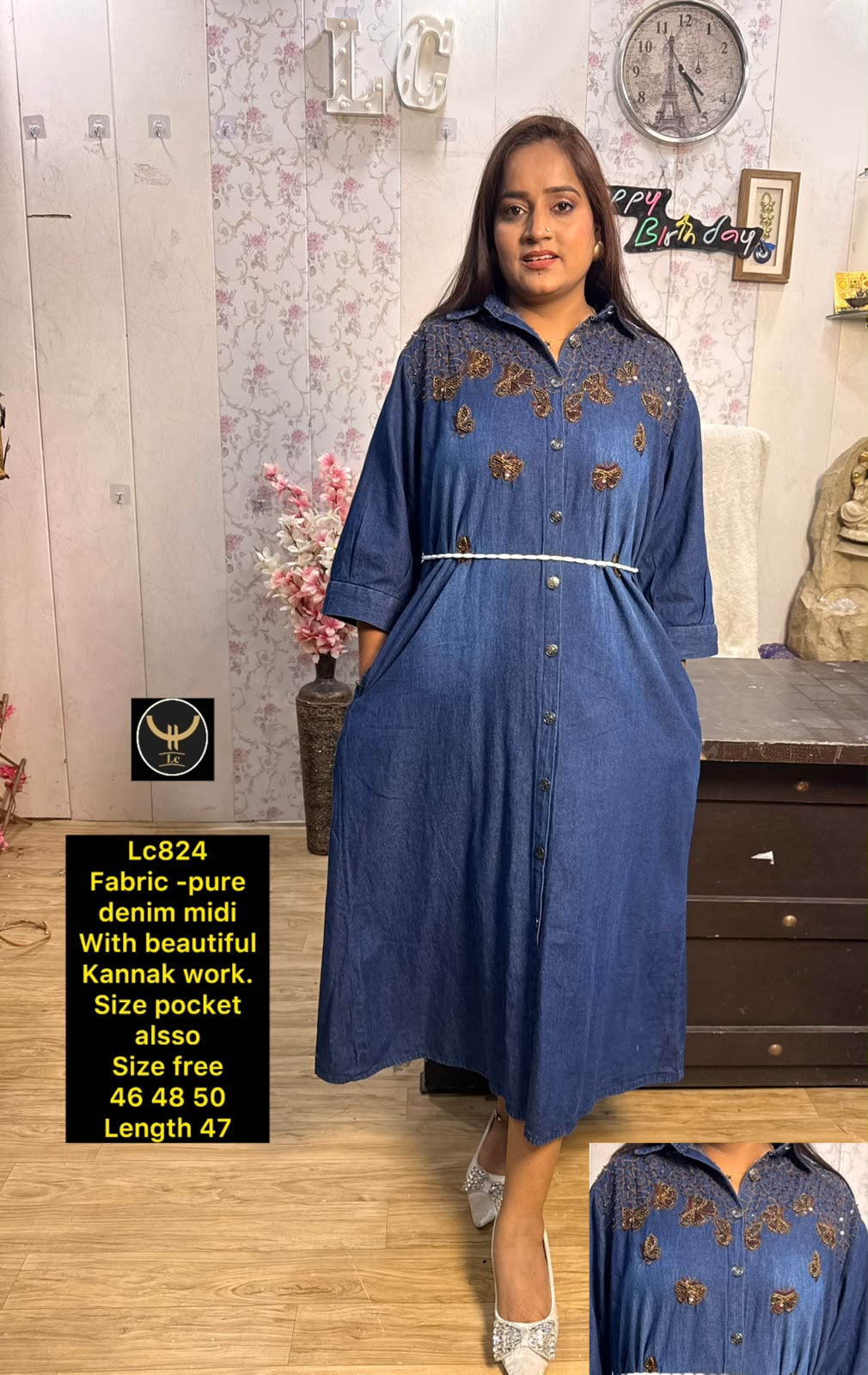 Elegant Pure Denim Midi Dress with Kannak Work 