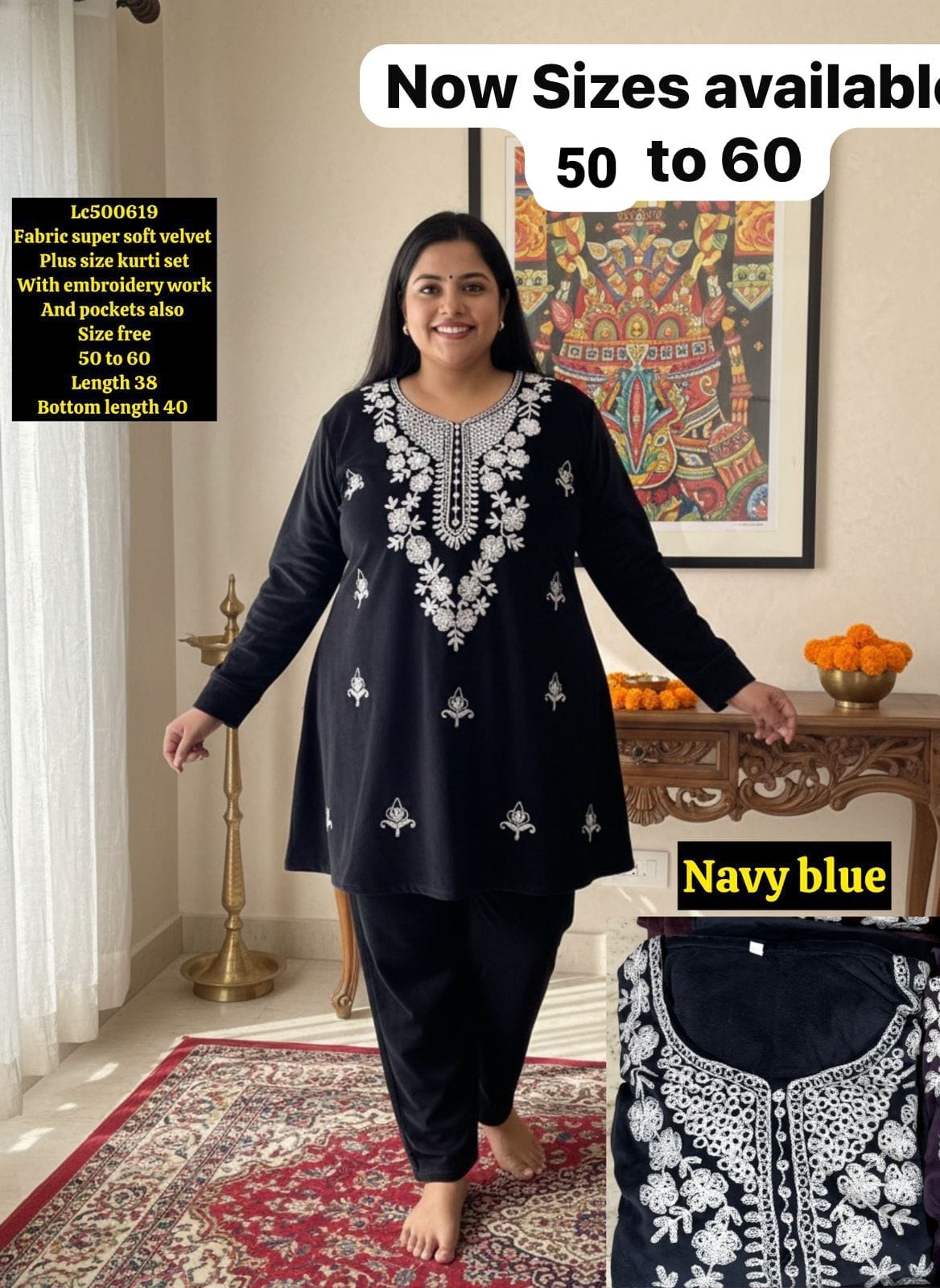 super soft velvet Kurti set With embroidery work