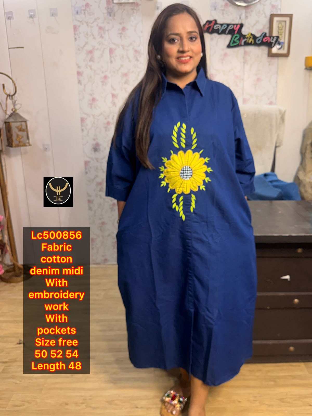 Chic Cotton Denim Embroidered Midi Dress with Pockets