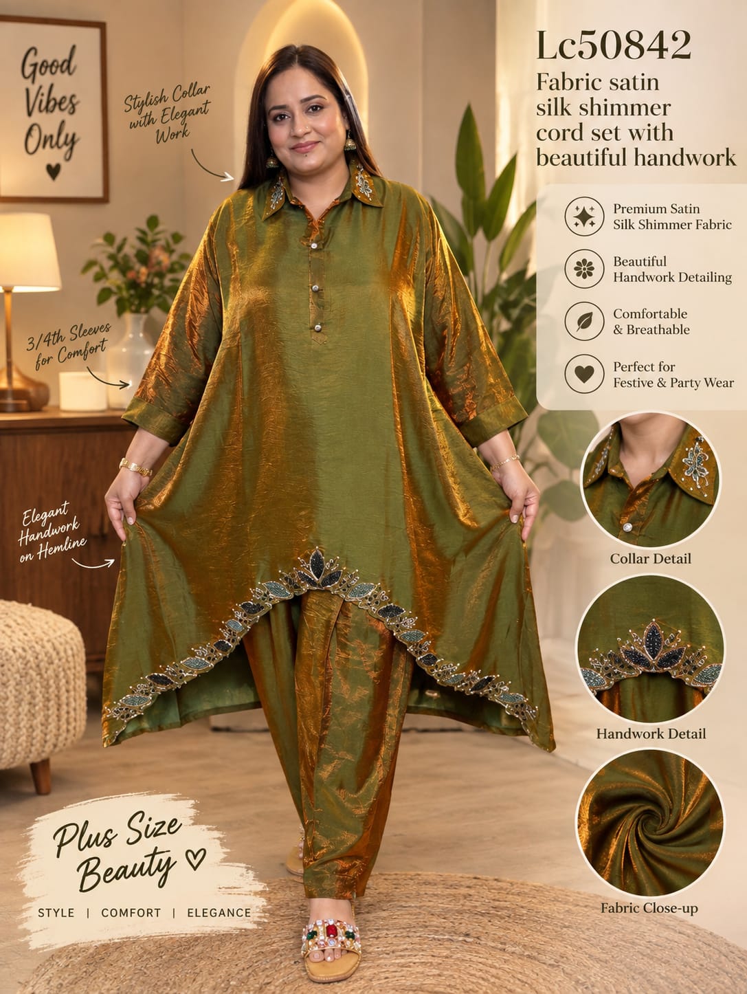 Gorgeous Satin Silk Shimmer Co-Ord Set with Handwork 