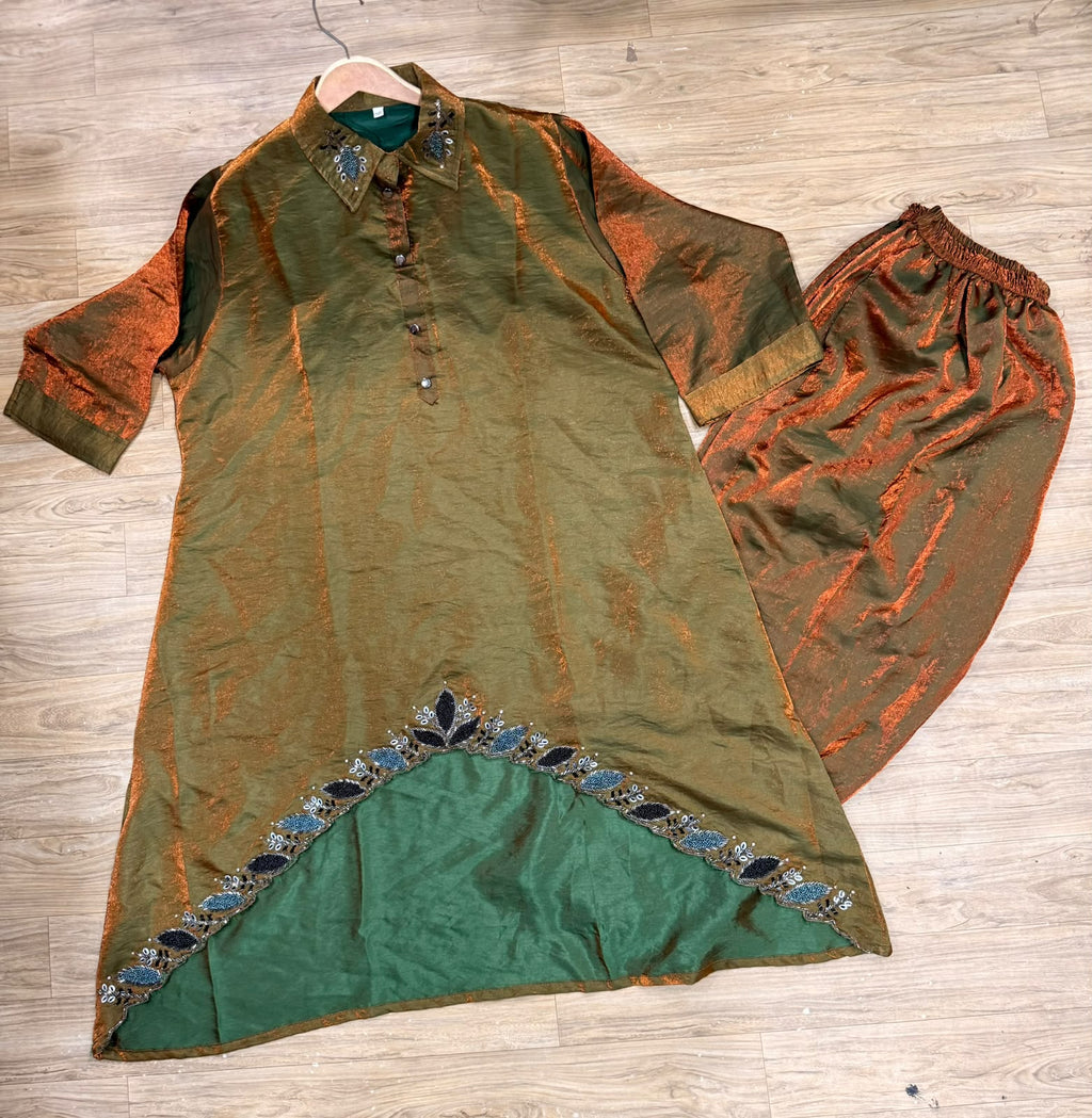 Gorgeous Satin Silk Shimmer Co-Ord Set with Handwork 