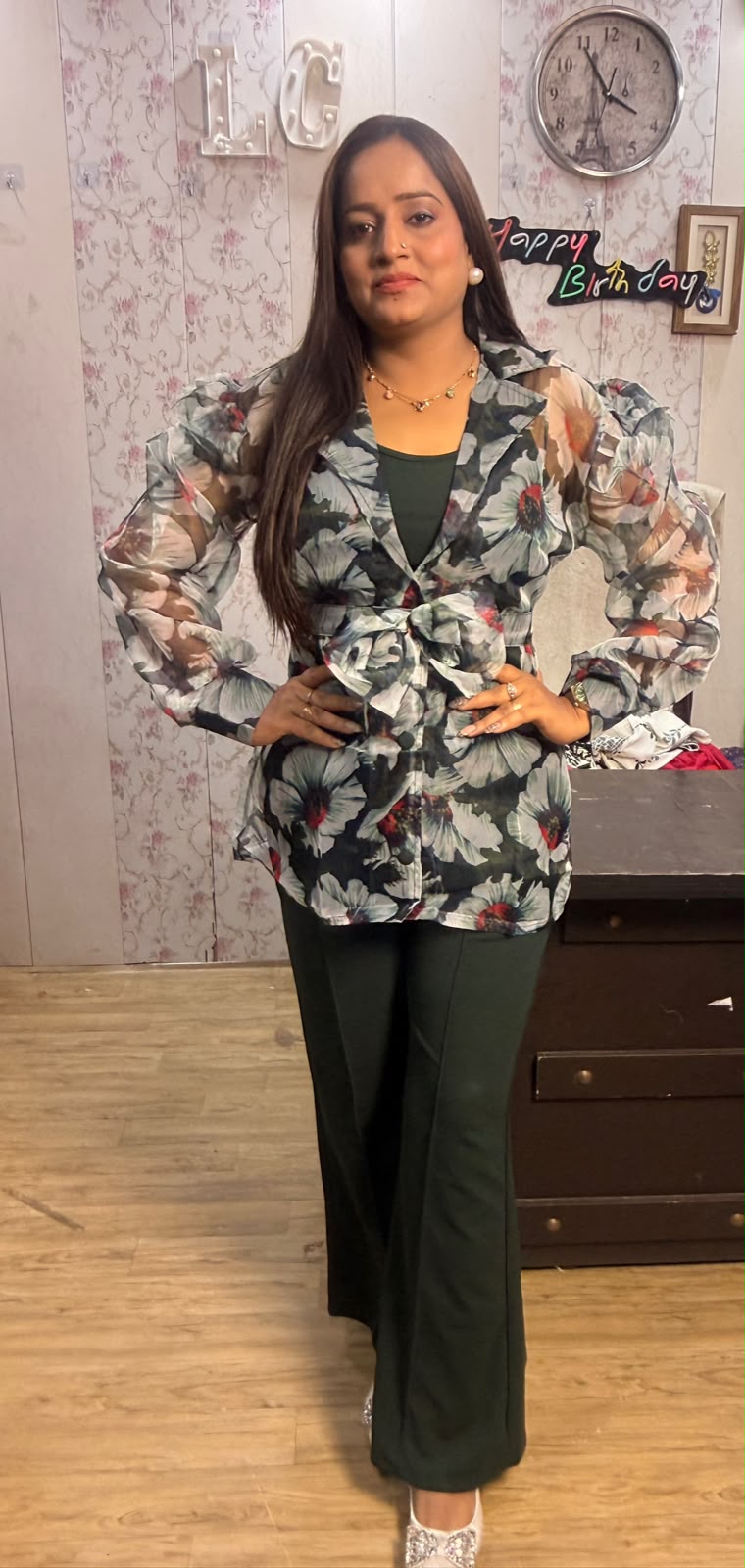 Gorgeous Imported Organza Floral Jacket Co-Ord Set with Bow Accent 
