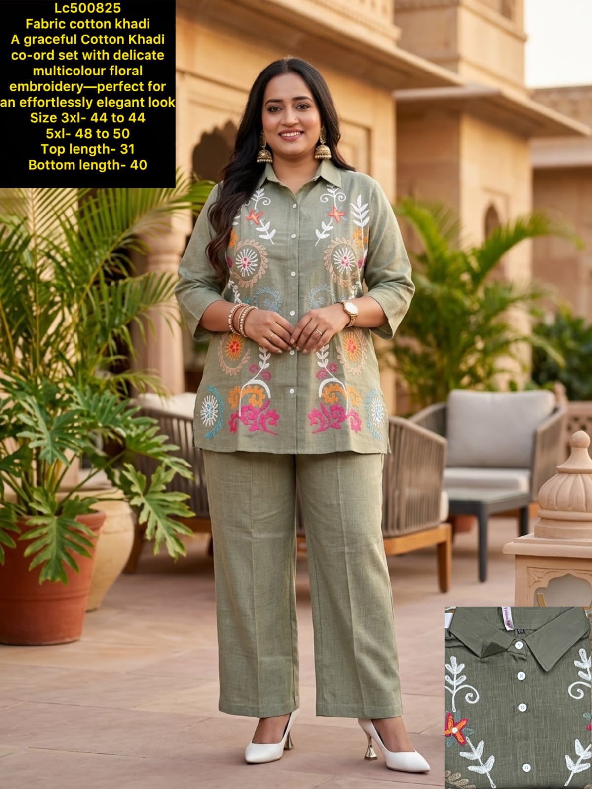 Pure comfort with elegant look! Premium Cotton Khadi co-ord set with beautiful multicolour floral embroidery