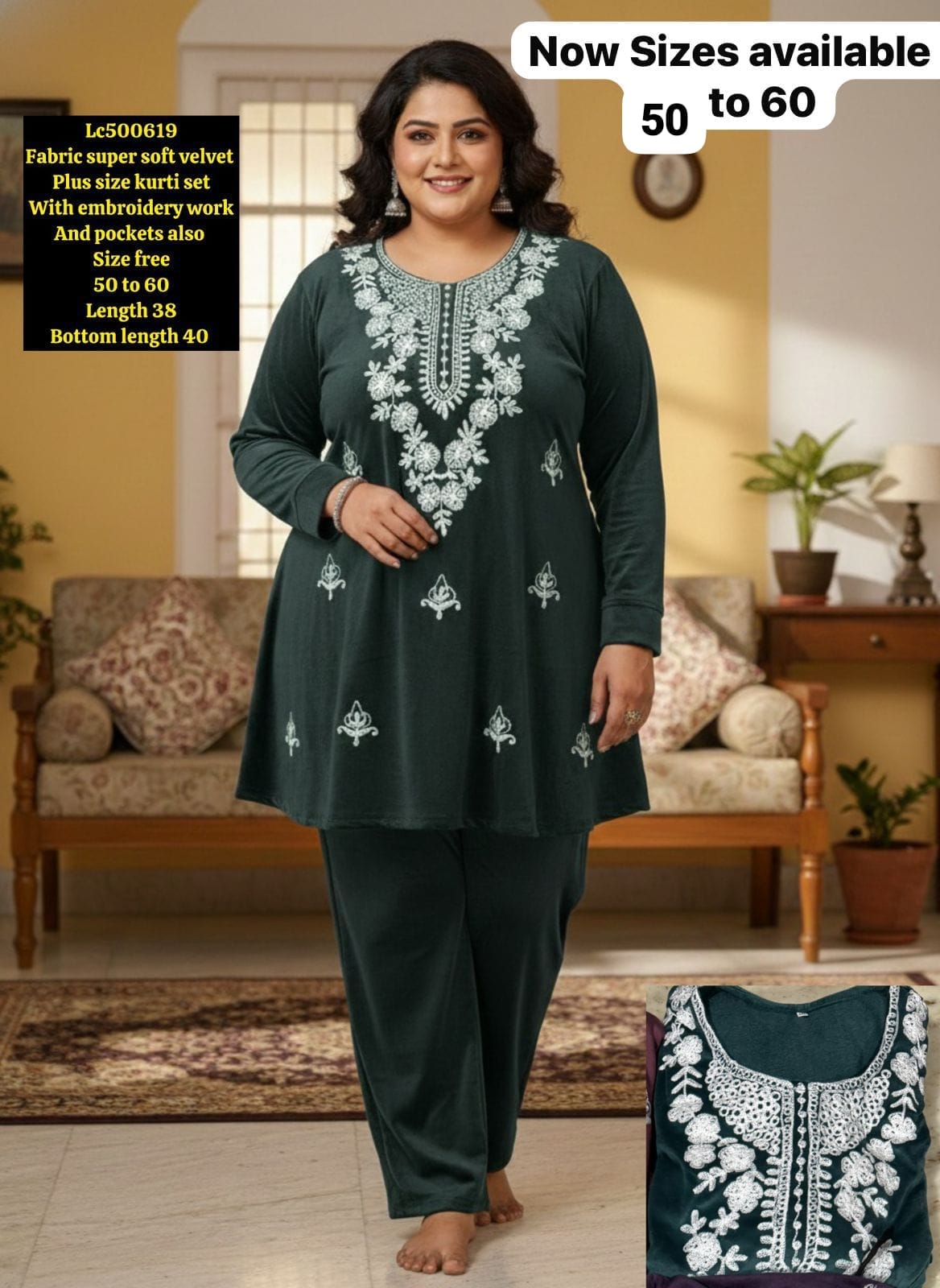super soft velvet Kurti set With embroidery work