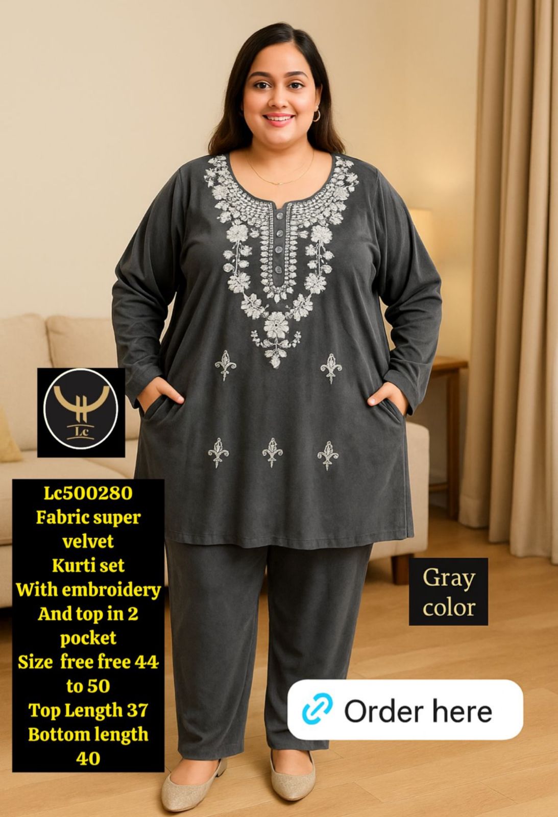 super soft velvet Kurti set With embroidery work