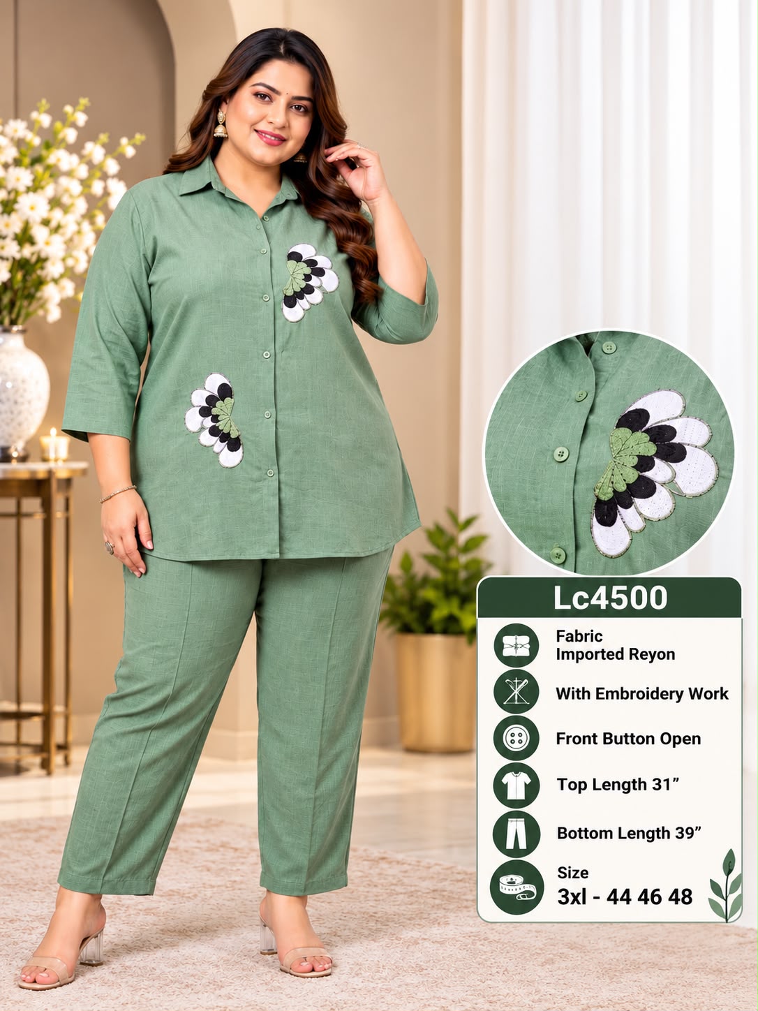 Chic Collared Rayon Shirt & Trouser Co-ord Set with Applique Floral Embroidery