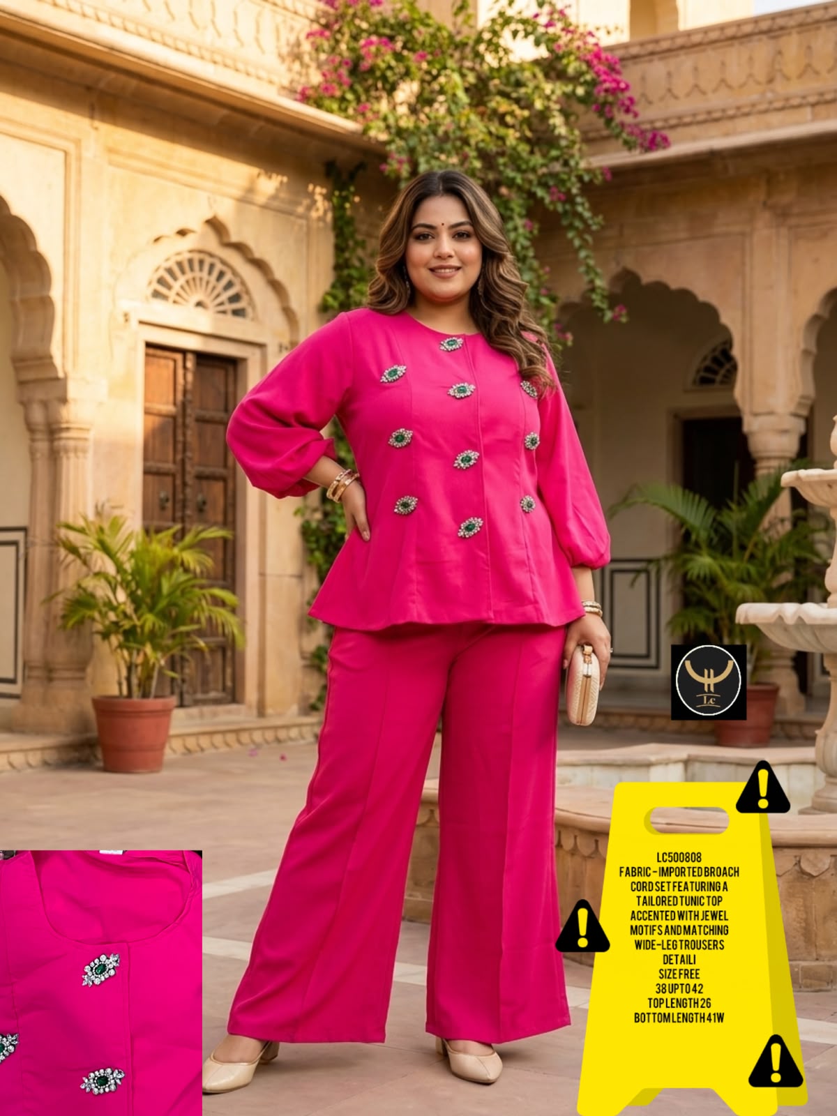 Tailored tunic top with premium jewel brooch/motifs paired with comfortable wide-leg trousers
