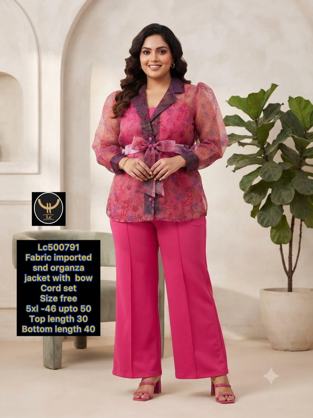 Gorgeous Imported Organza Floral Jacket Co-Ord Set with Bow Accent 