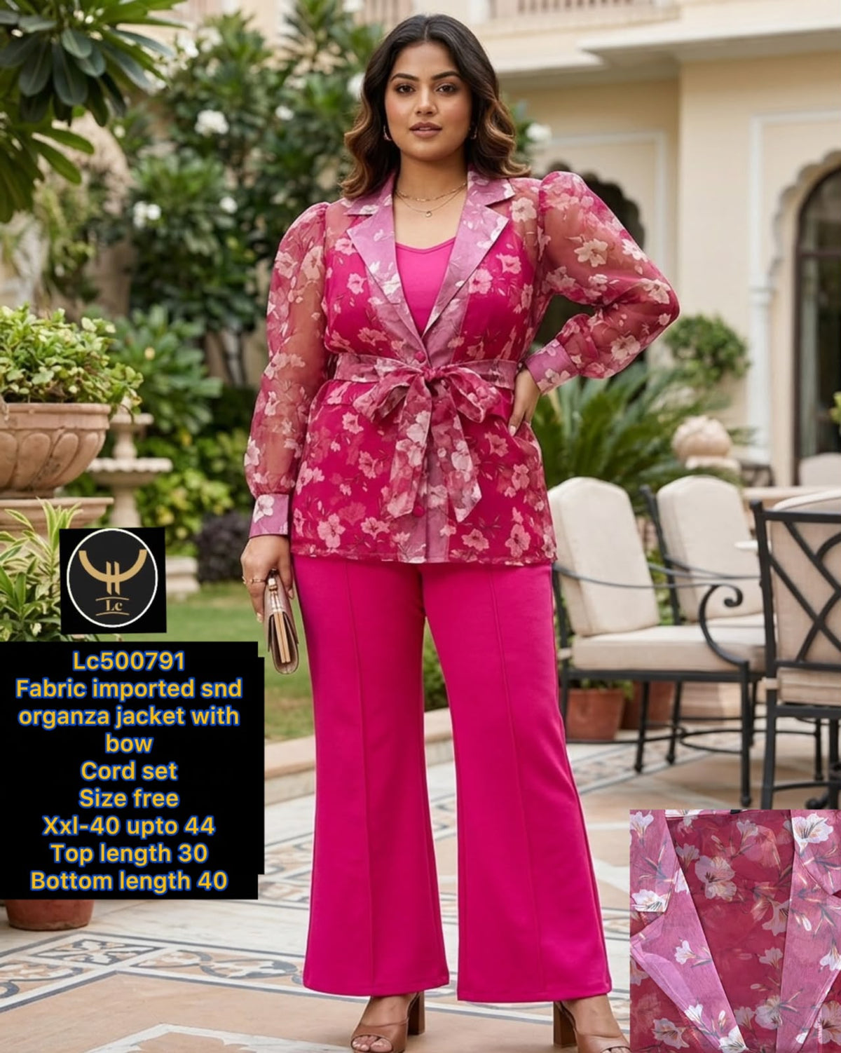 Gorgeous Imported Organza Floral Jacket Co-Ord Set with Bow Accent 