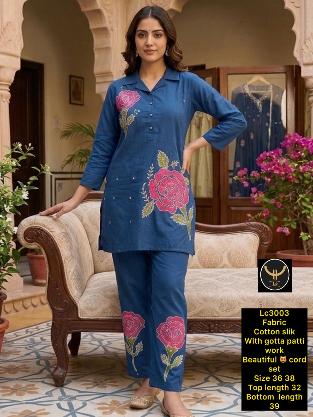 Ethnic 2-Piece Collared Kurti and Pant Co-ord Set with Floral Gotta Patti Embroidery