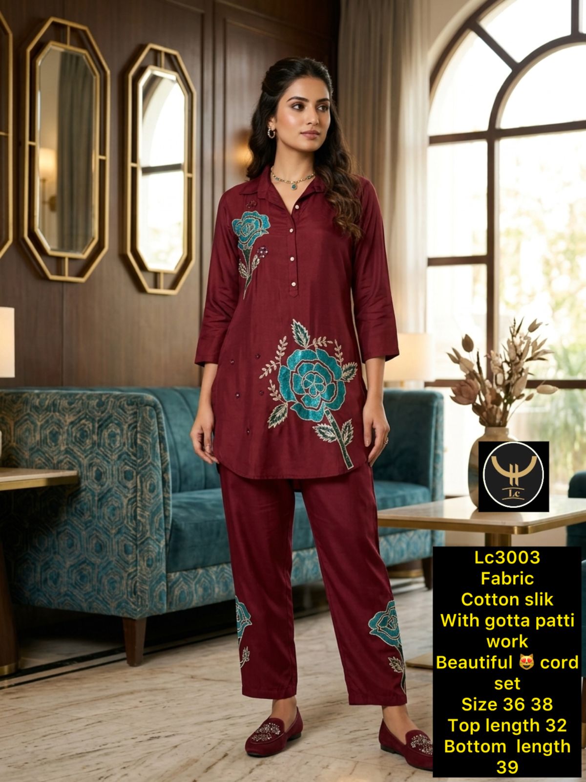 Ethnic 2-Piece Collared Kurti and Pant Co-ord Set with Floral Gotta Patti Embroidery