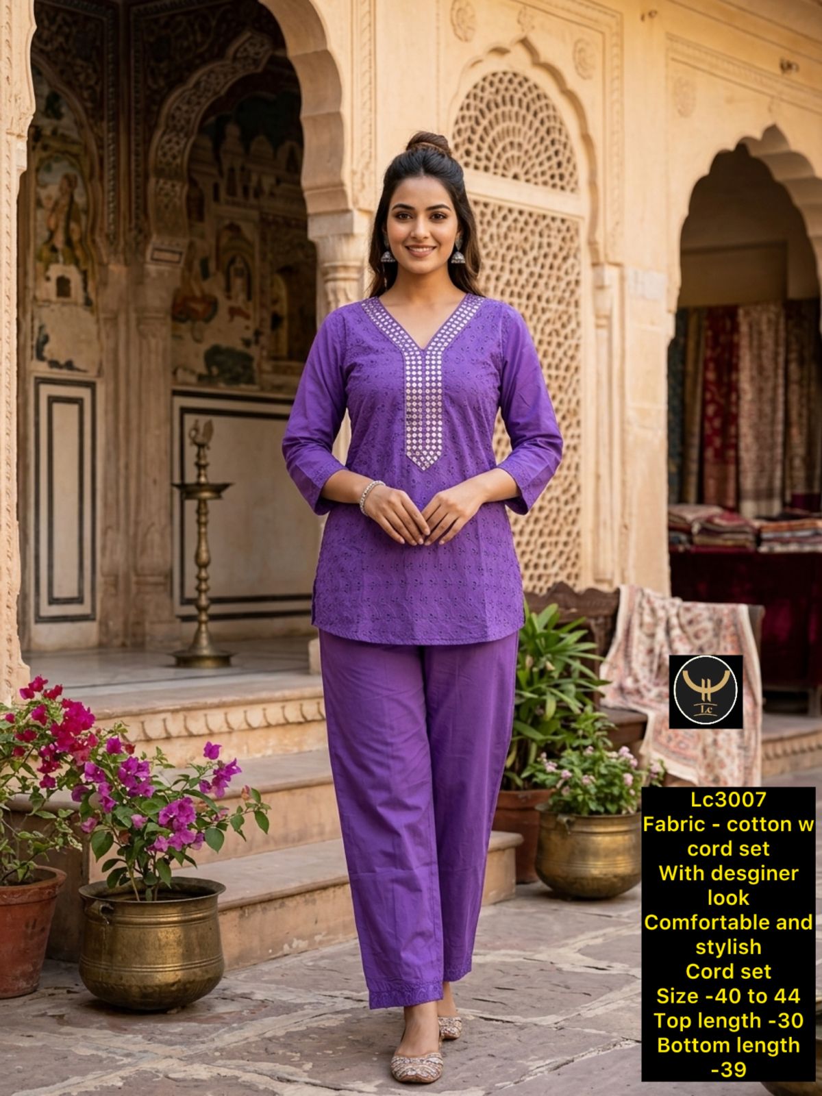 Women Cotton 2-Piece Co-ord Set with Embellished Neckline