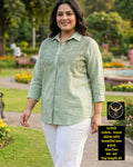 Plus Size Embroidered Lace Yoke Collared Button-Down Shirt