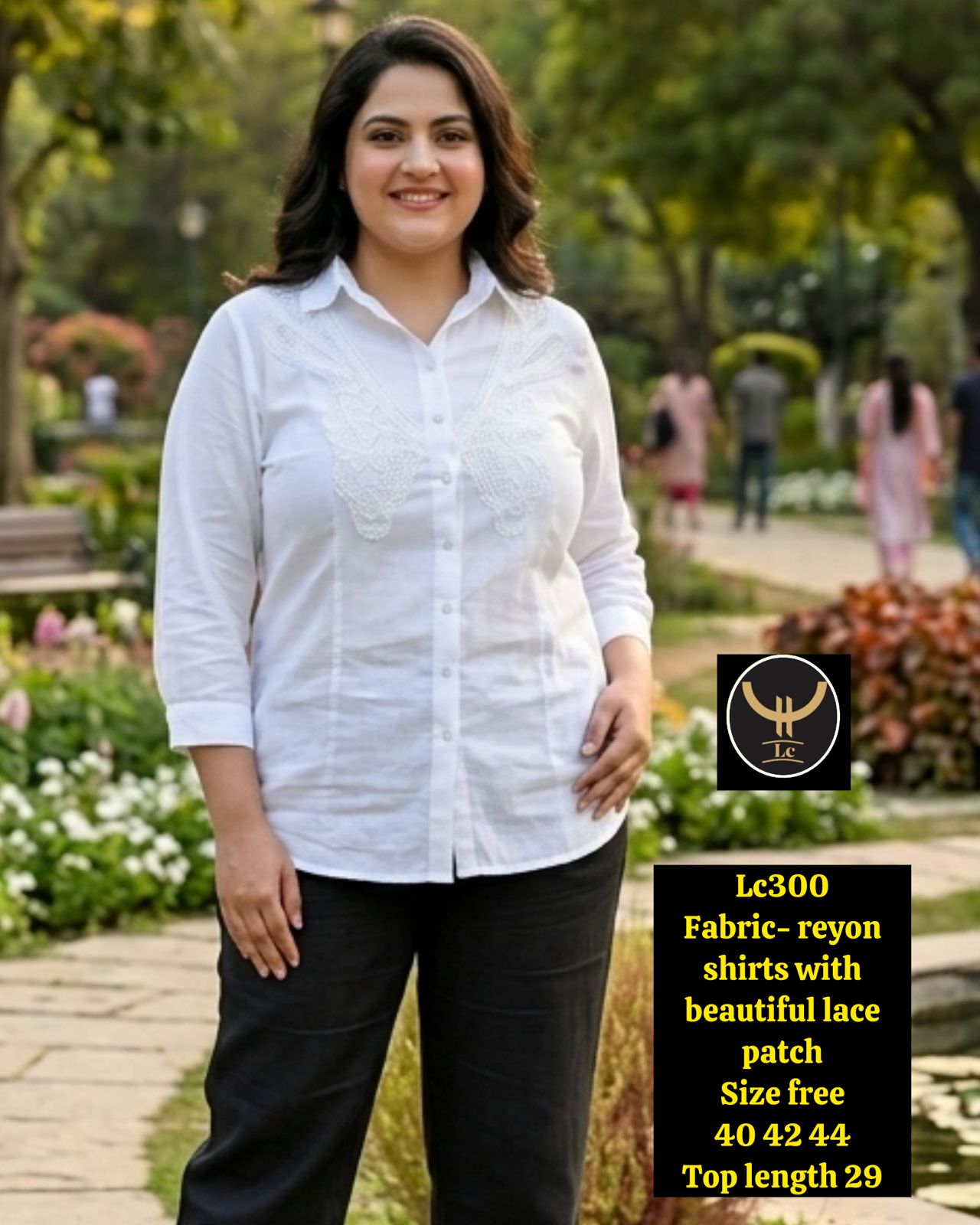 Plus Size Embroidered Lace Yoke Collared Button-Down Shirt