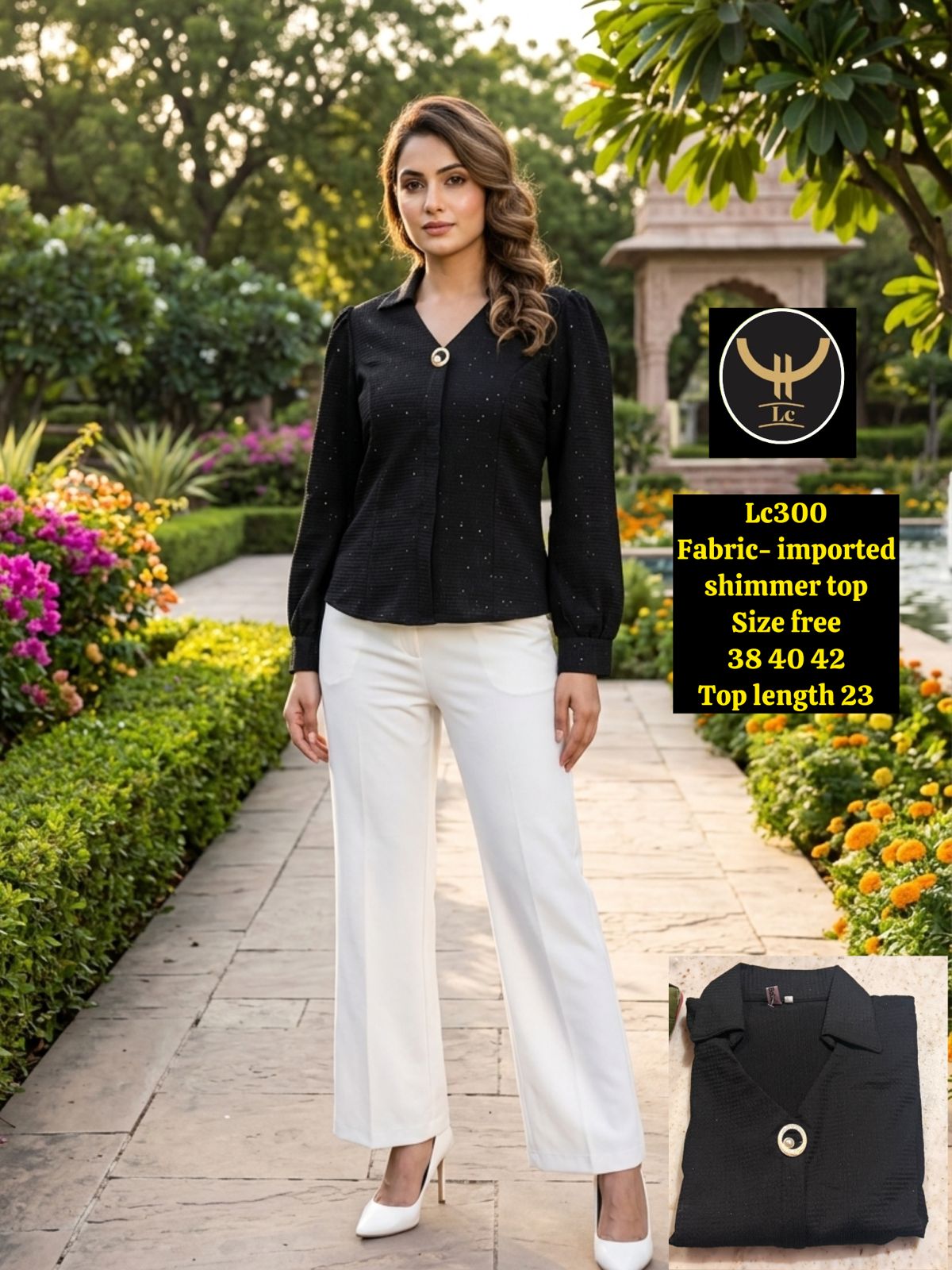 Women Imported Shimmer Full Sleeve Top with Statement Brooch Button