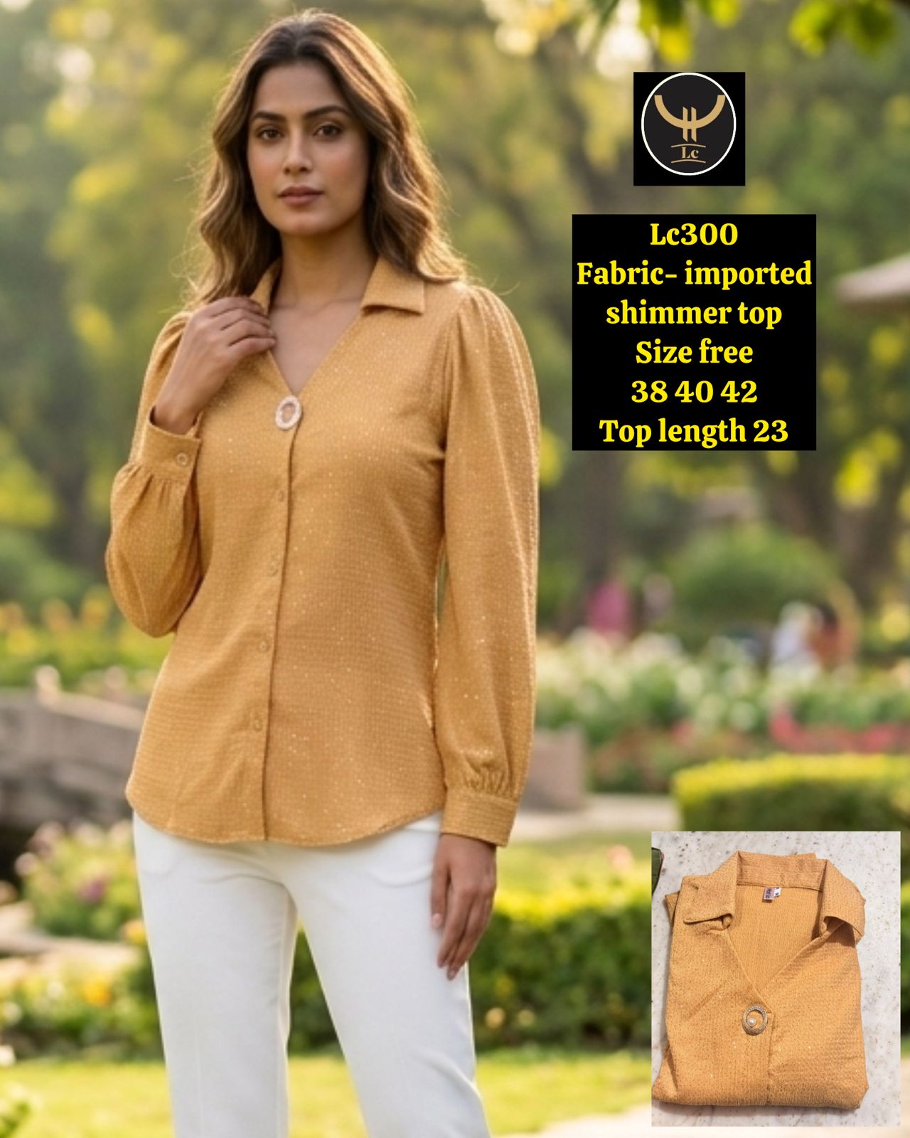 Women Imported Shimmer Full Sleeve Top with Statement Brooch Button