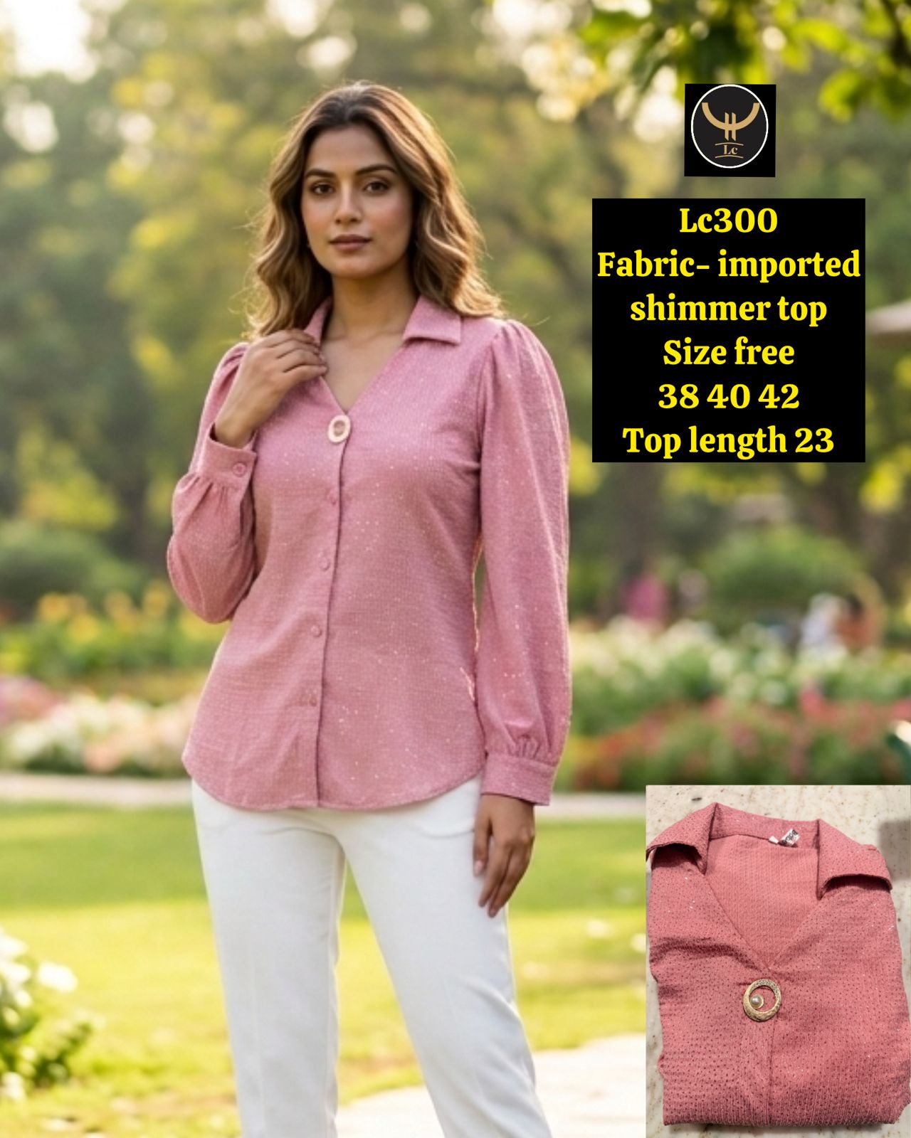 Women Imported Shimmer Full Sleeve Top with Statement Brooch Button