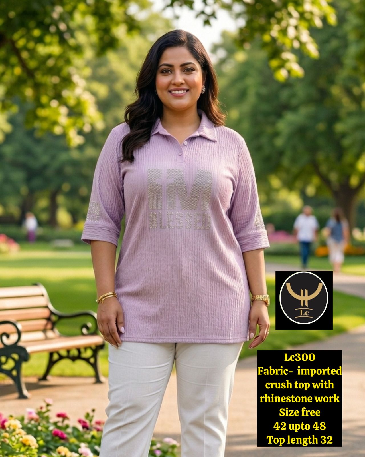 Plus Size Shimmer Rhinestone Text Casual Tunic Top with Collar
