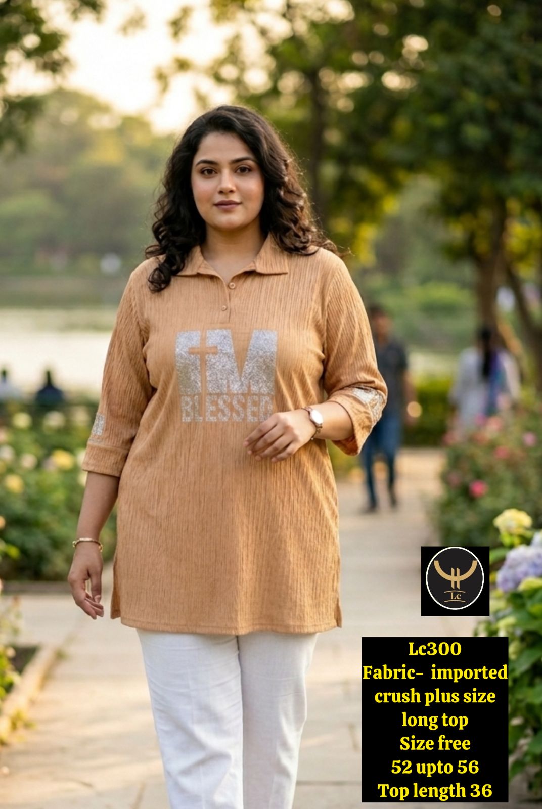 Plus Size Shimmer Rhinestone Text Casual Tunic Top with Collar