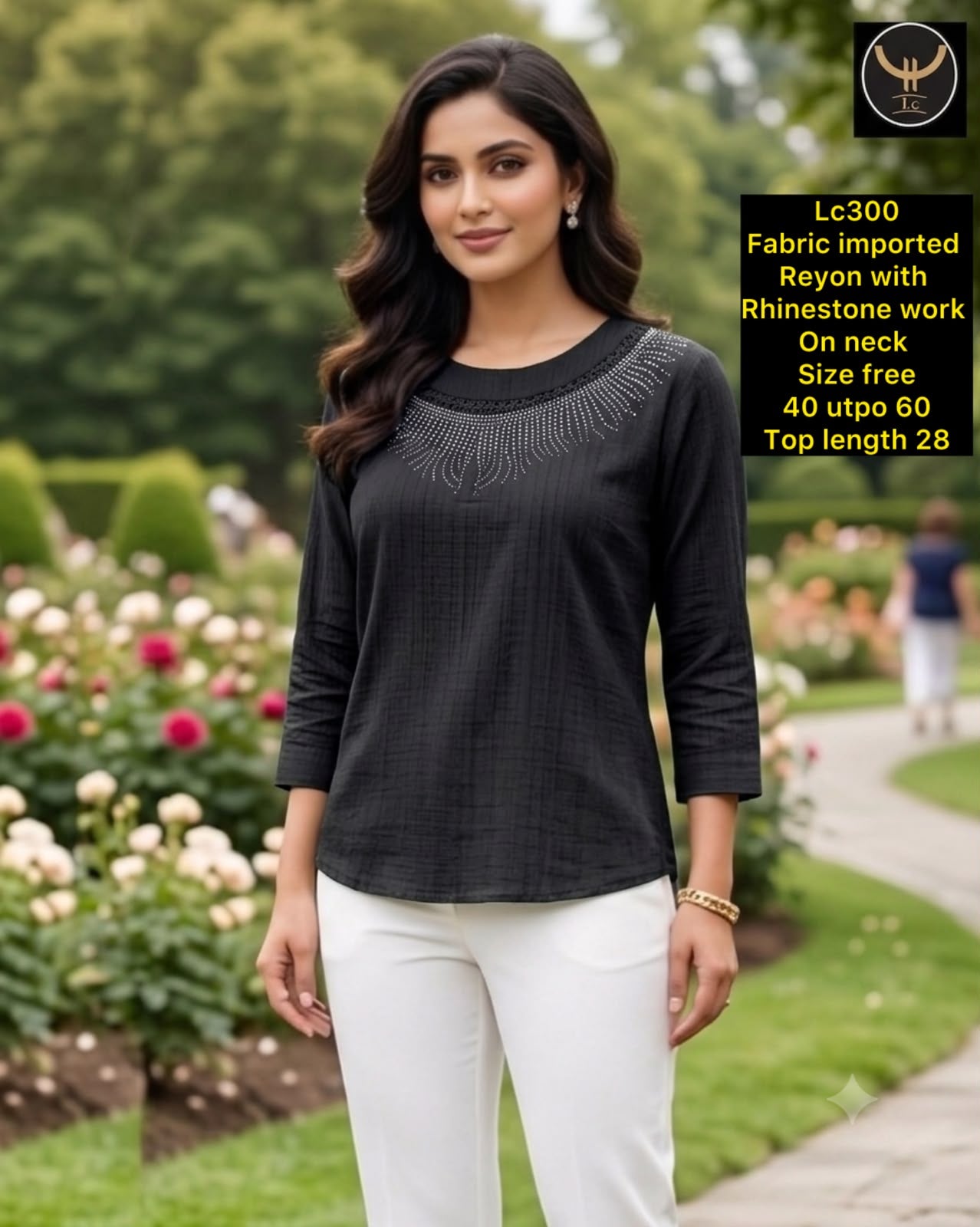 Women Black Imported Rayon Top with Sparkling Rhinestone Neckline