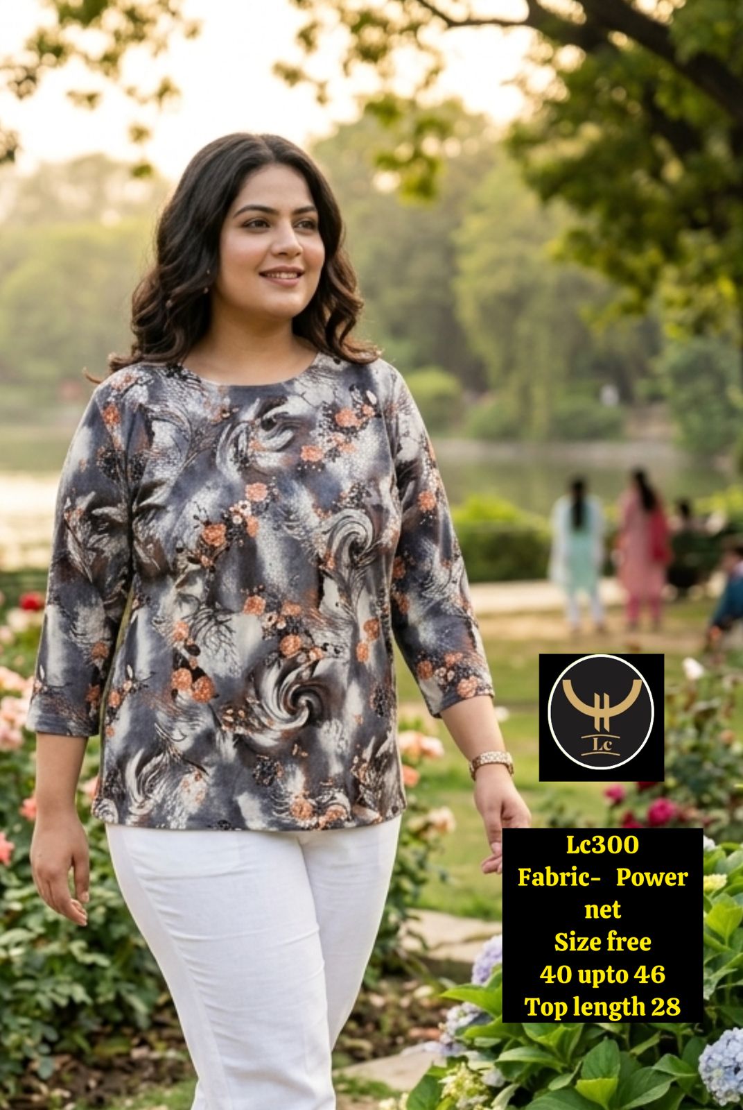 Women Abstract Floral Print Power Net Top with 3/4th Sleeves