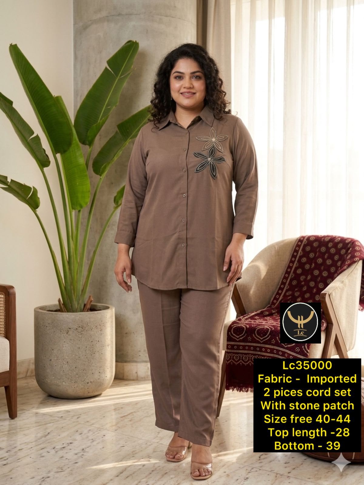 Women Mocha Brown Imported 2-Piece Co-ord Set with Stone Patch Work