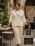 Ivory Sophistication: Soft Off-White Cotton Rayon Co-ord Set with Geometric V-Neck Border Work