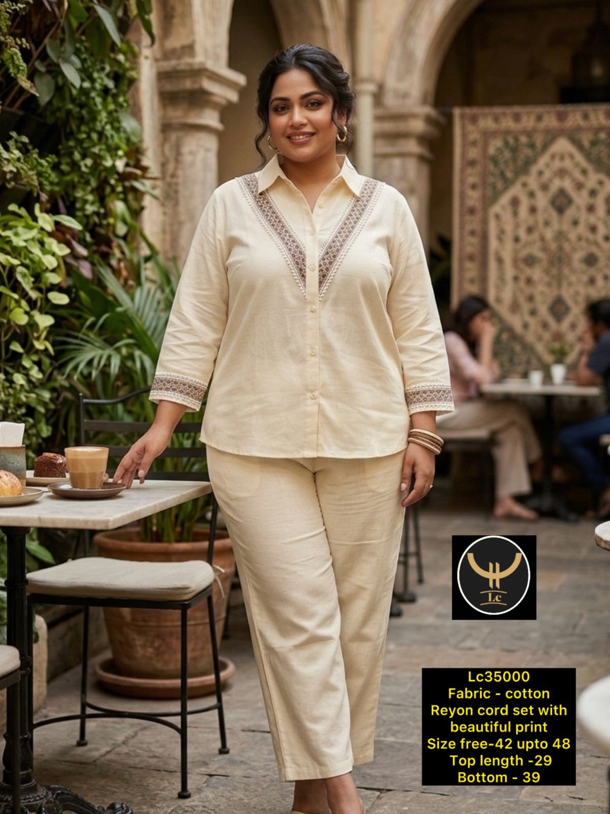 Ivory Sophistication: Soft Off-White Cotton Rayon Co-ord Set with Geometric V-Neck Border Work
