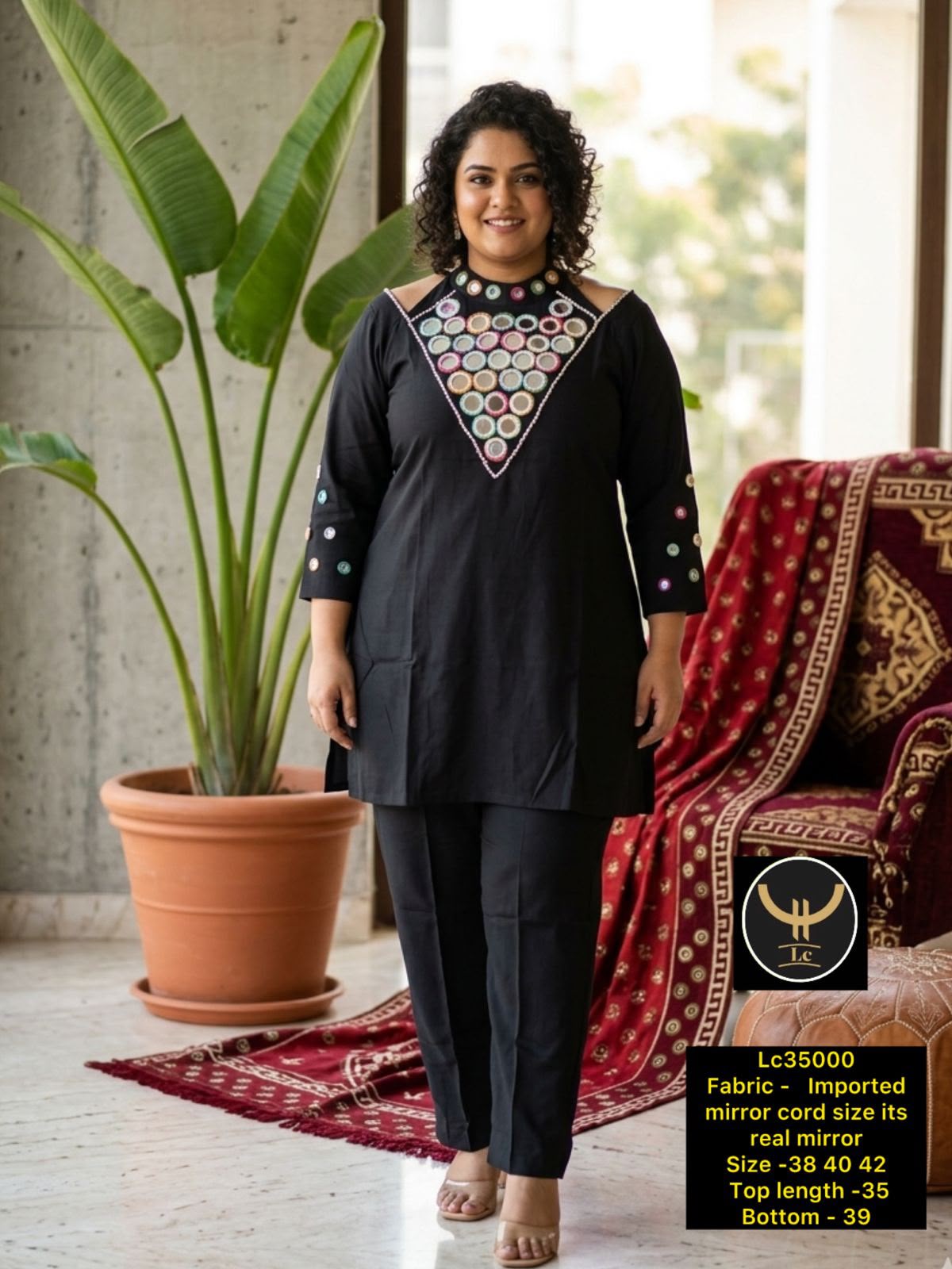 Traditional Cold-Shoulder Real Mirror Yoke Tunic & Trouser Pant Set